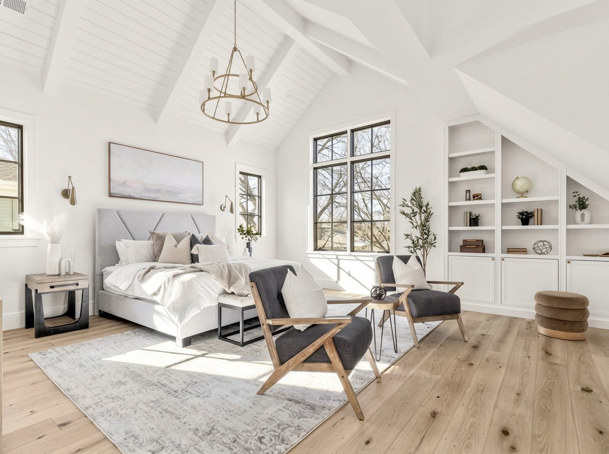 Bedroom with a vaulted shiplap ceiling, lantern chandelier, built-in shelving and leather lounge chairs