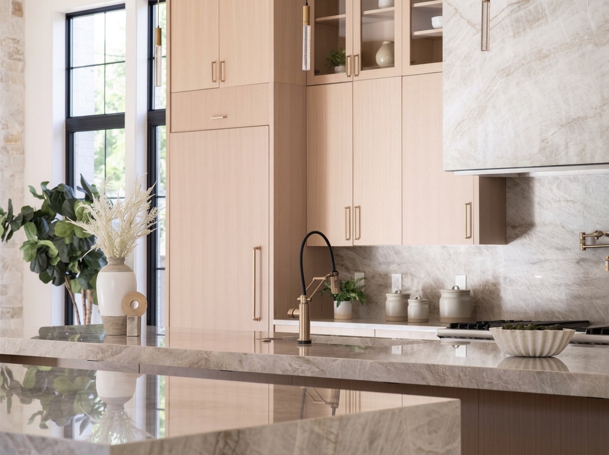 Kitchen detail with blush oak cabinets, a quartzite slab backsplash and brass gooseneck faucet