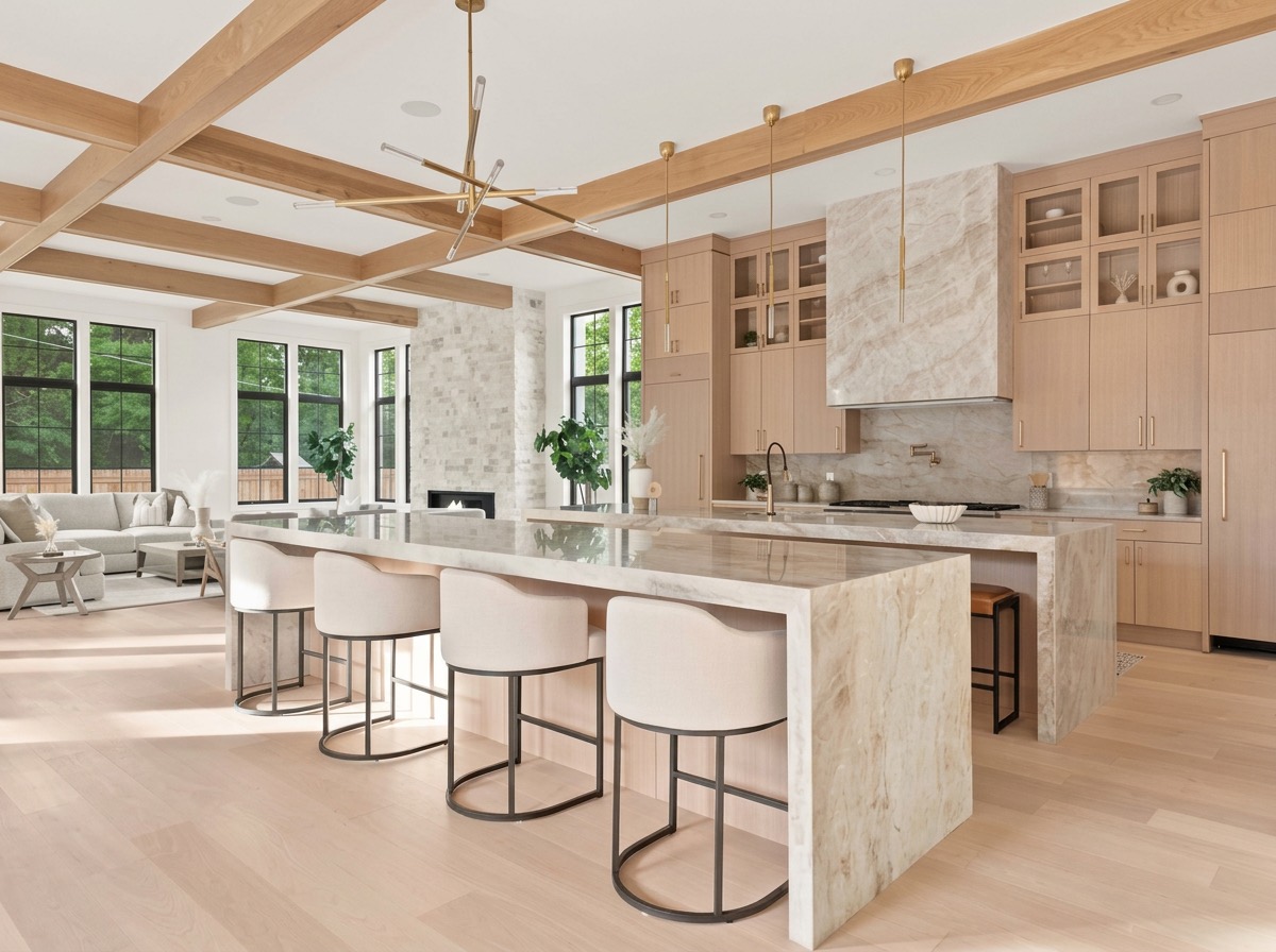 Kitchen with two quartzite islands, cream counter stools on brass bases and a sculpted stone range hood