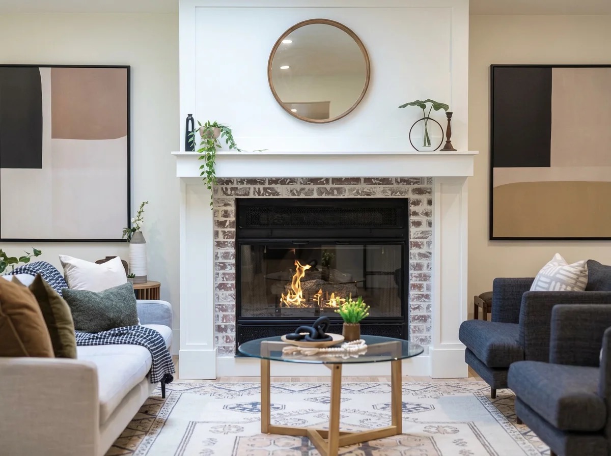 Living room with a whitewashed brick fireplace, round wood mirror, abstract neutral art, cream sofa and navy armchairs around a glass coffee table