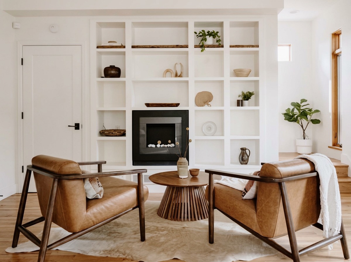 Cozy sitting area with two cognac leather chairs, a fluted wood coffee table and white built-in shelves around a fireplace